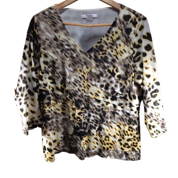 👗5/$25 - Beige/Brown/Yellow Animal Print Tiered Ruffle Blouse w/ 3/4 Sleeve - Picture 1 of 1